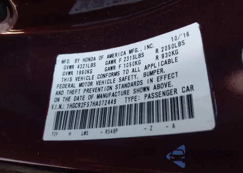 2017 Honda Accord Sport z USA, uszkodzony, nr VIN 1HGCR2F57HA072449